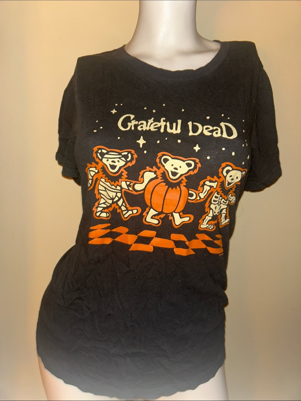Grateful Dead Black Short Sleeve Tee with Orange and Cream Dancing Bears